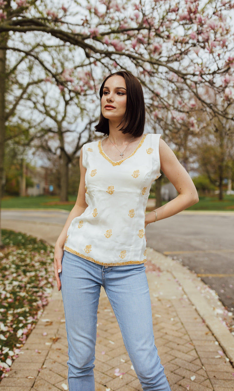 White Top with Yellow Hand - Block Print TOPS & TUNICS RAAS