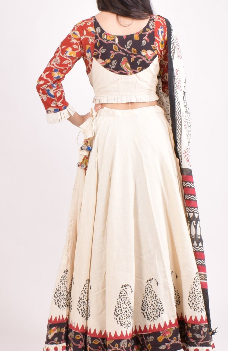 Off white cotton hand blocked chaniya choli