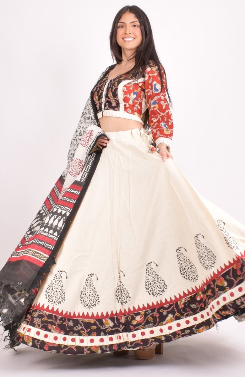 Off white cotton hand blocked chaniya choli
