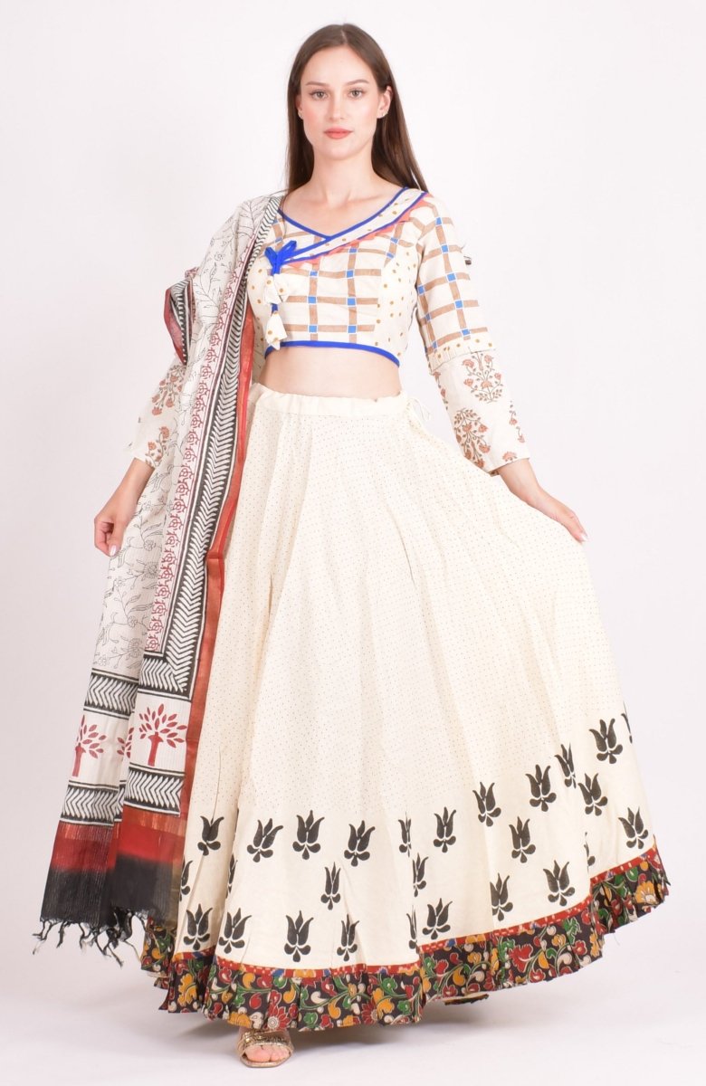 Sharon Off White Cotton Hand Blocked Chaniya Choli