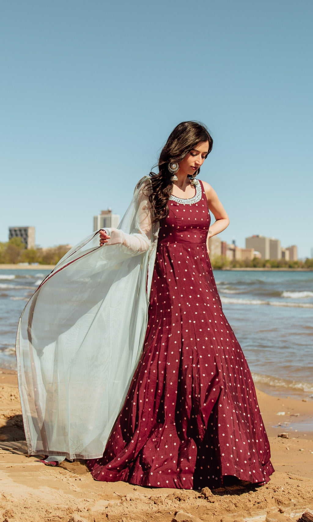 Wine Long Dress with net drape | gown Dress