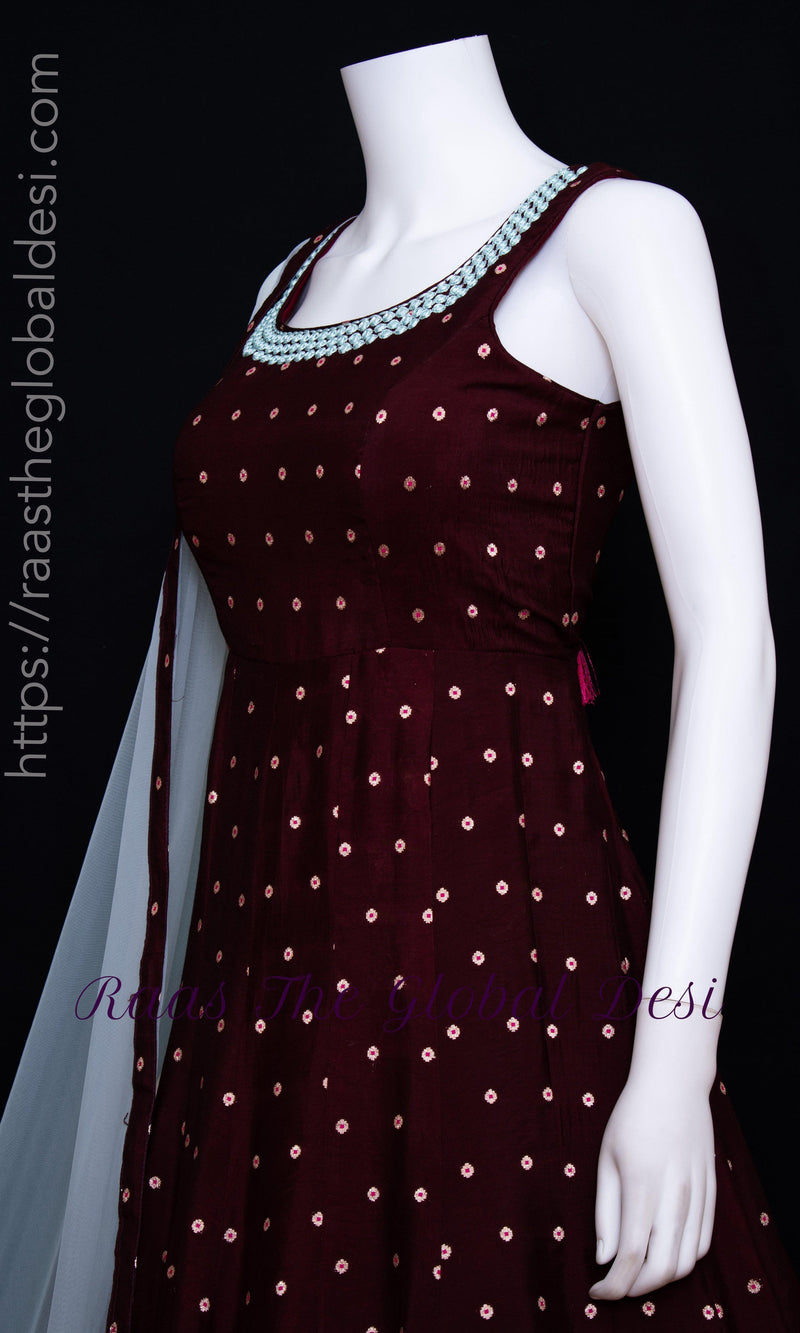 Wine A - Line Long Dress ANARKALI & GOWN RAAS