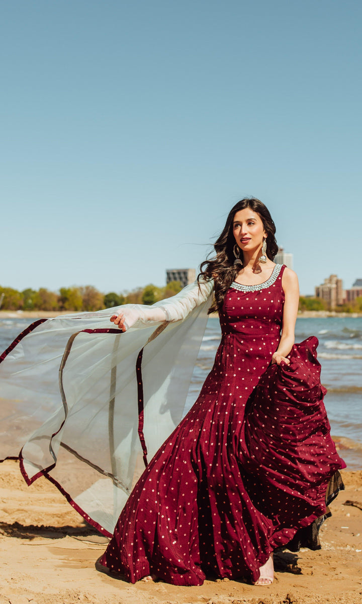 Wine A-Line Long Dress-Raas USA