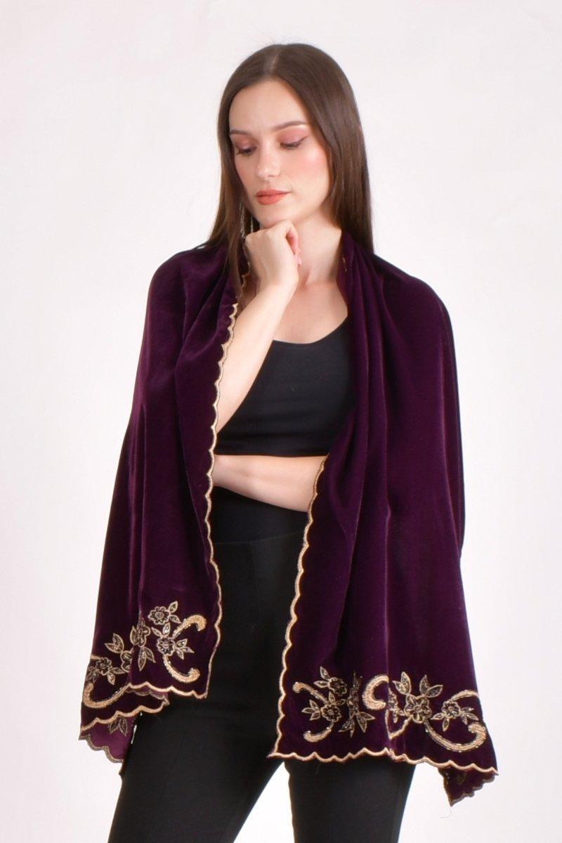 Wine Floral Embroidered Velvet Scarf - Raas