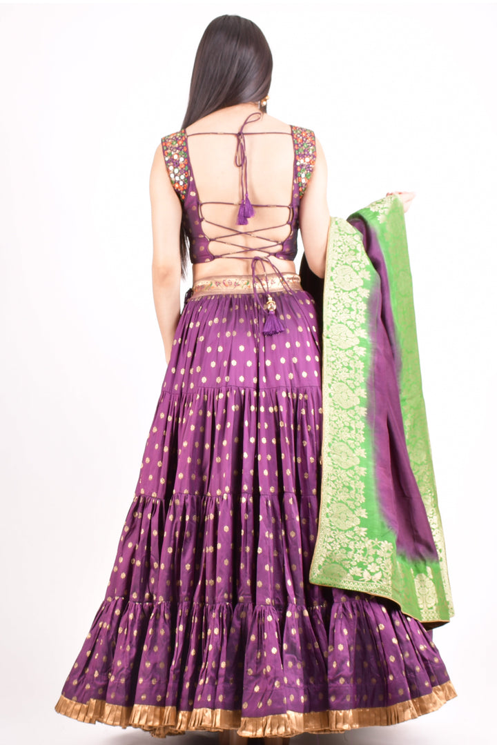 Wine Full Flare Chaniya choli with Hand Embroidered Blouse-[mirror work]-Raas