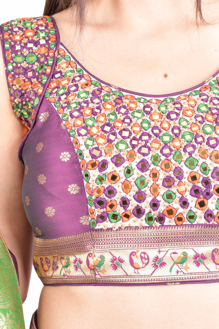 Wine Full Flare Chaniya choli with Hand Embroidered Blouse-[mirror work]-Raas