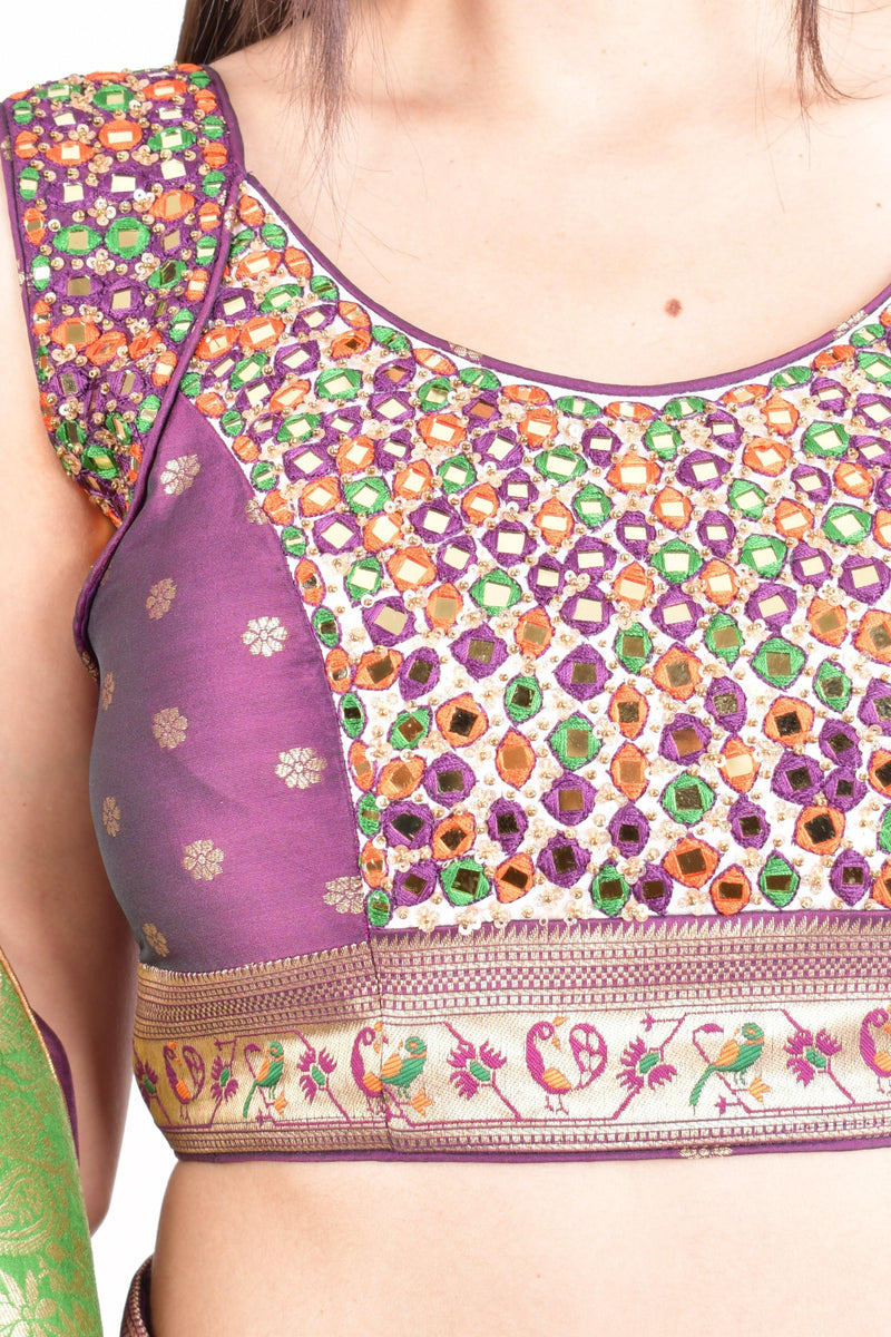 Wine Full Flare Chaniya choli with Hand Embroidered Blouse-[mirror work]-Raas