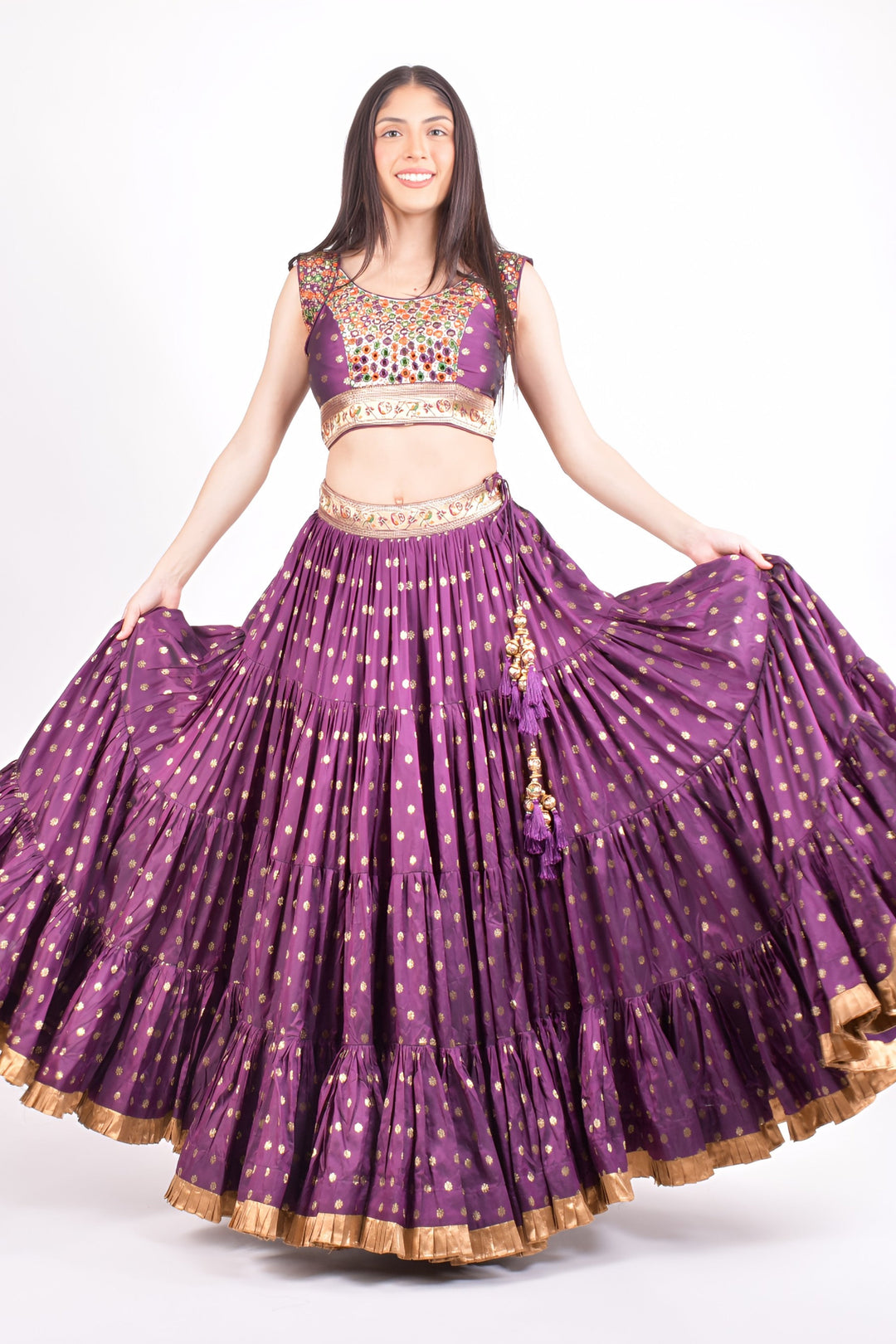 Wine Full Flare Chaniya choli with Hand Embroidered Blouse-[mirror work]-Raas