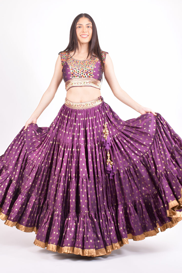 Wine Full Flare Chaniya choli with Hand Embroidered Blouse-[mirror work]-Raas