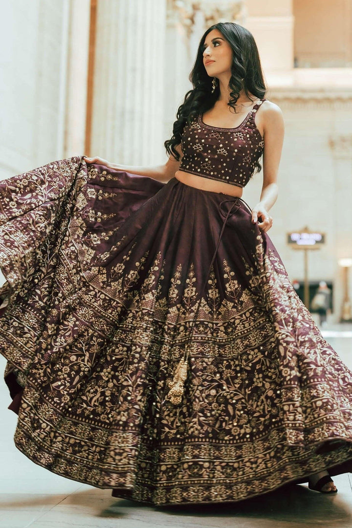 Wine Lehenga Choli with Hand Embroidery-[mehendi outfit]-Raas