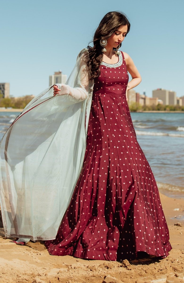 Wine Long Dress with net drape