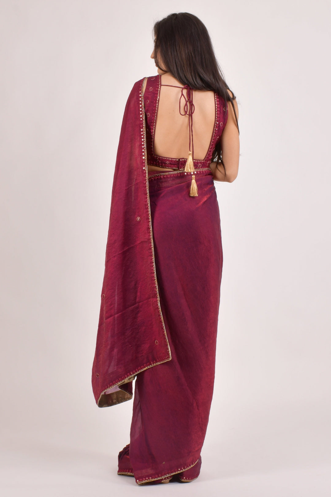 Wine Pre Draped Saree - Hand Embroidered Mirror Work Ready to Wear Saree-[pre_stitched_saree]-Raas