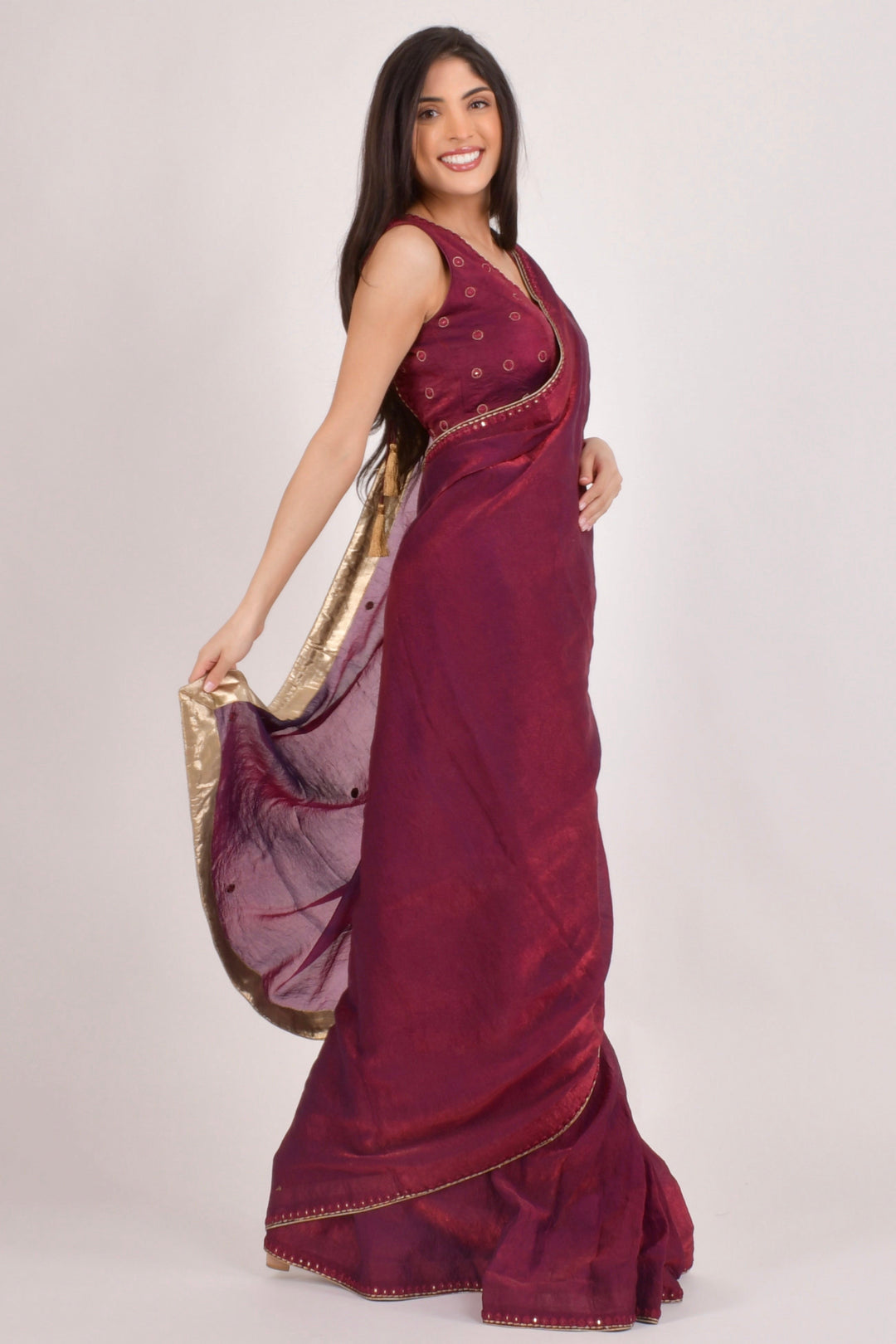 Wine Pre Draped Saree - Hand Embroidered Mirror Work Ready to Wear Saree-[pre_stitched_saree]-Raas