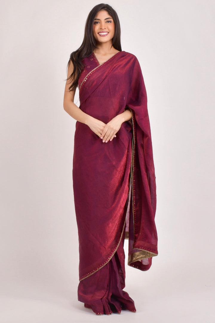 Wine Pre Draped Saree - Hand Embroidered Mirror Work Ready to Wear Saree-[pre_stitched_saree]-Raas