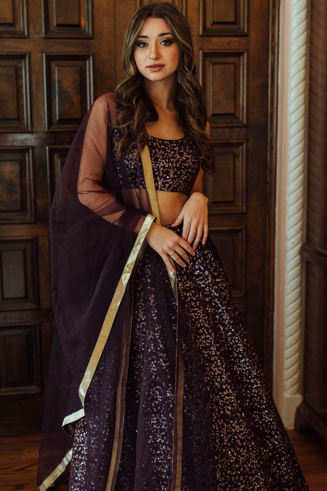 Wine Sequins Lehenga Choli Set-[bridal_lehenga]-Raas