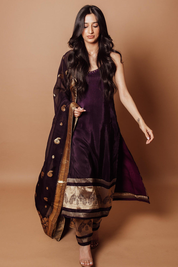 Wine Silk Salwar Kameez-Raas USA