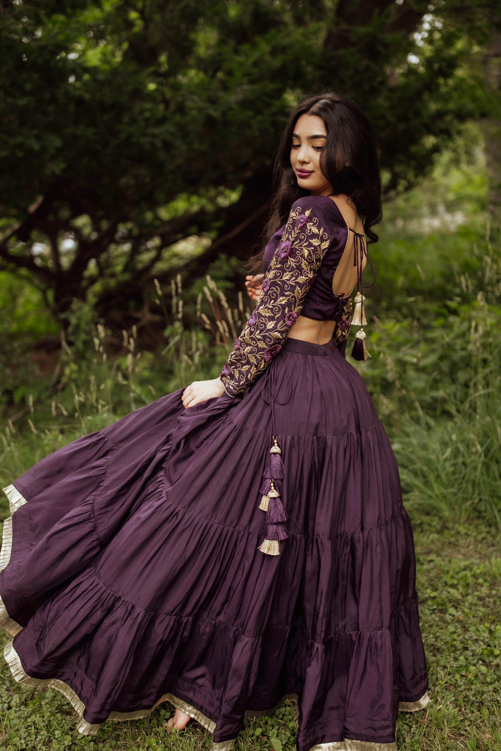 Wine Tiered Lehenga Choli Set-[comfort-first-design]-[lightweight]-Raas