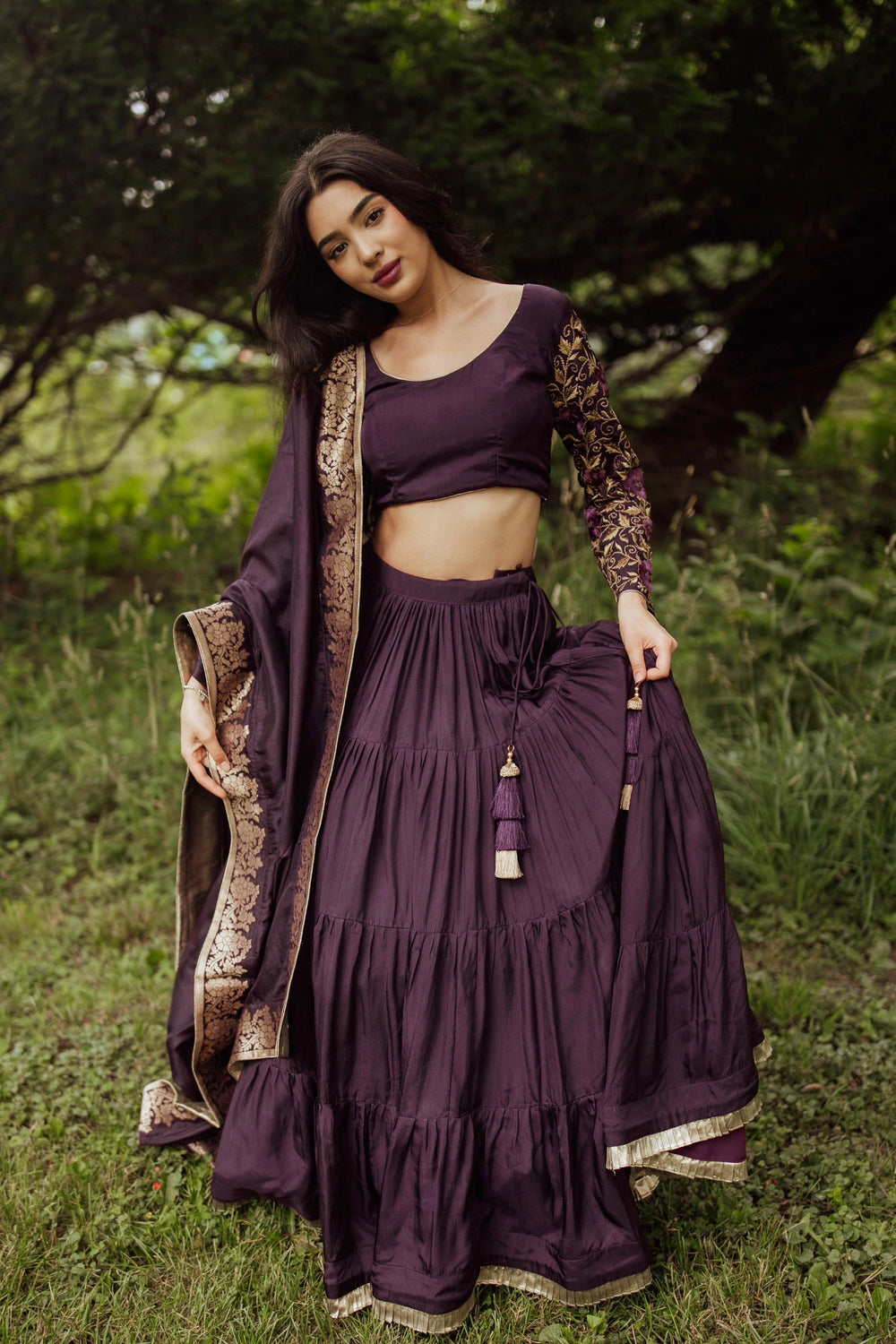 Wine Tiered Lehenga Choli Set-[comfort-first-design]-[lightweight]-Raas