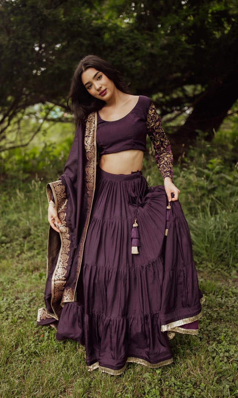 Wine Tiered Lehenga Choli Set-[comfort-first-design]-[lightweight]-Raas