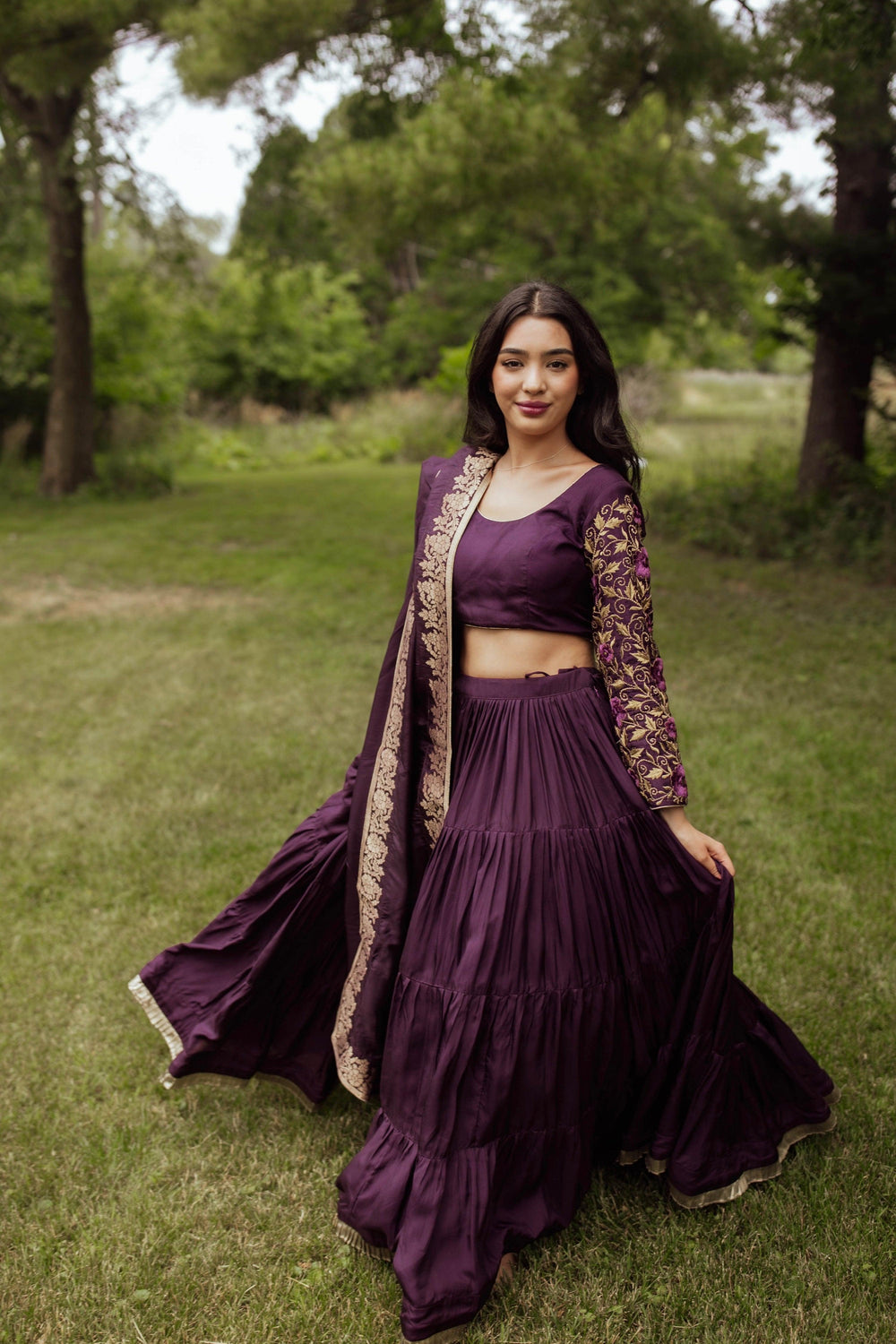 Wine Tiered Lehenga Choli Set-[comfort-first-design]-[lightweight]-Raas
