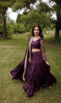 Wine Tiered Lehenga Choli Set-[comfort-first-design]-[lightweight]-Raas