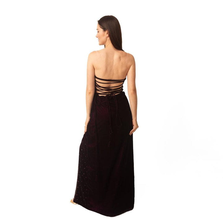 Wine Velvet Hand Embroidered Long Dress with Slit-Raas USA