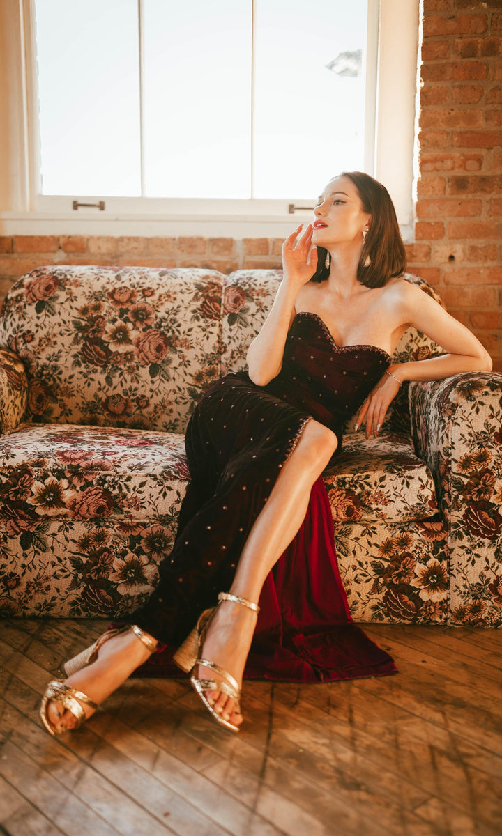 Wine Velvet Hand Embroidered Long Dress with Slit-Raas USA