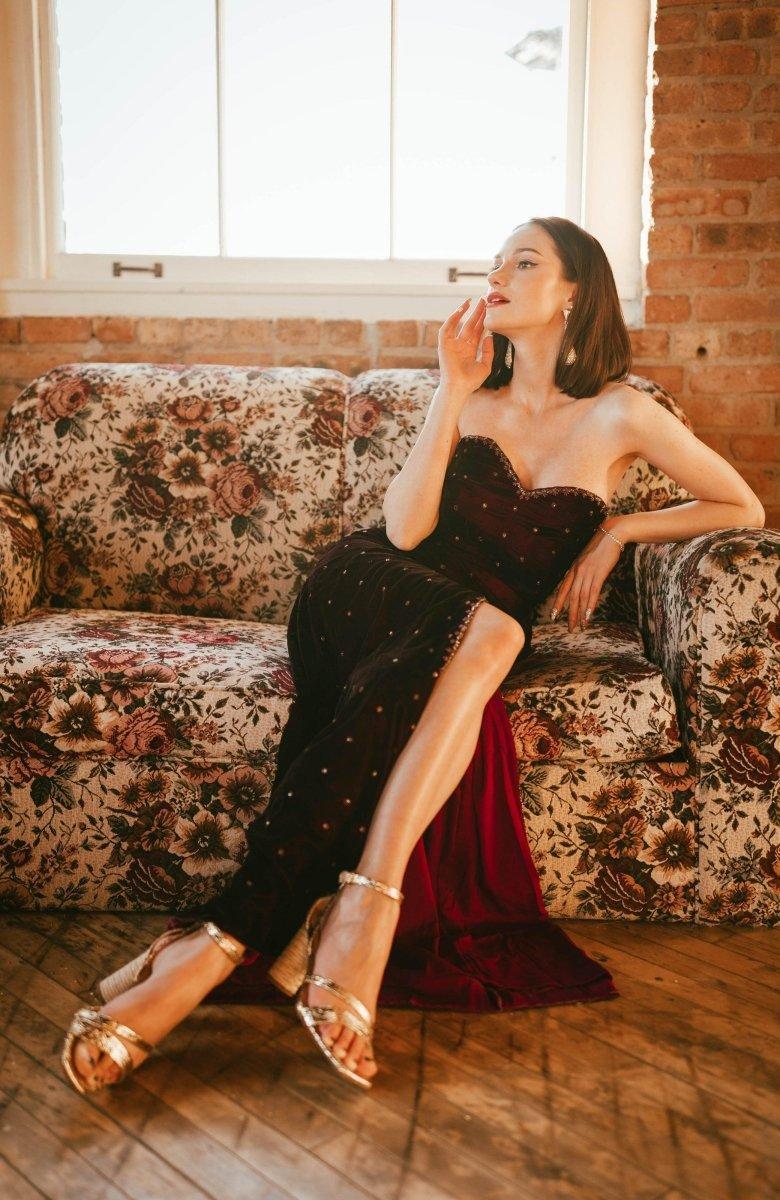 Wine Velvet Hand Embroidered Long Dress with Slit dresses RAAS