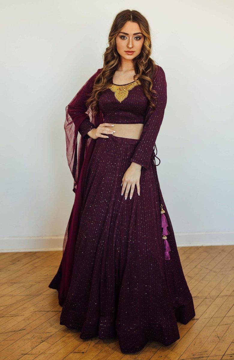 Wine and Gold Full Sleeve Lehenga Choli Set