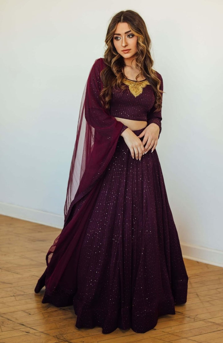 Wine and Gold Full Sleeve Lehenga Choli Set