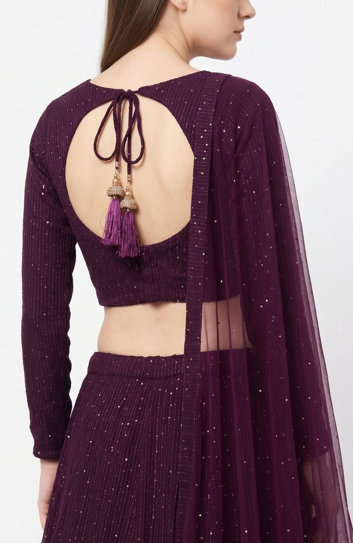 Wine and Gold Full Sleeve Lehenga Choli Set