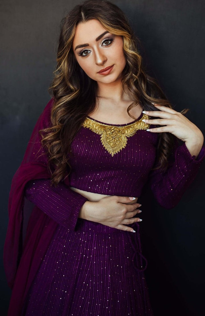 Wine and Gold Full Sleeve Lehenga Choli Set