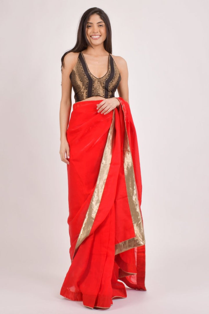 Yamine Jacquard Red Saree-[pre_stitched_saree]-Raas