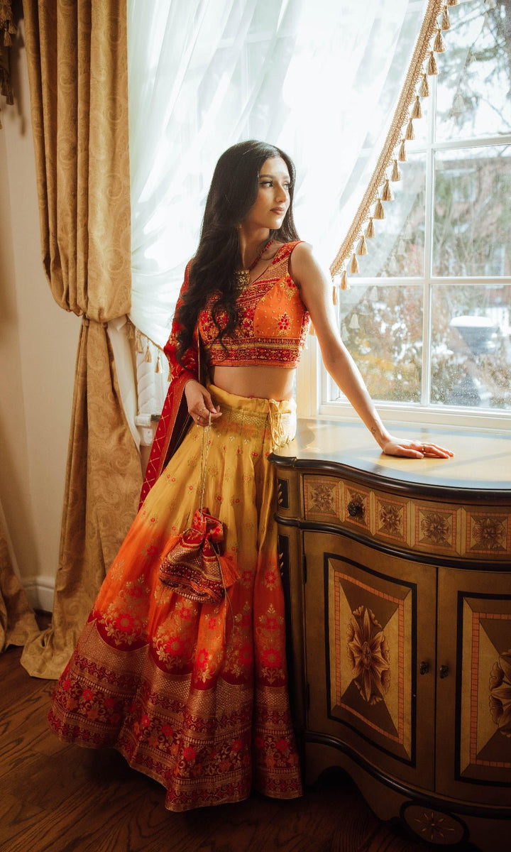 Yellow Banarasi Lehenga Choli Set-Raas USA