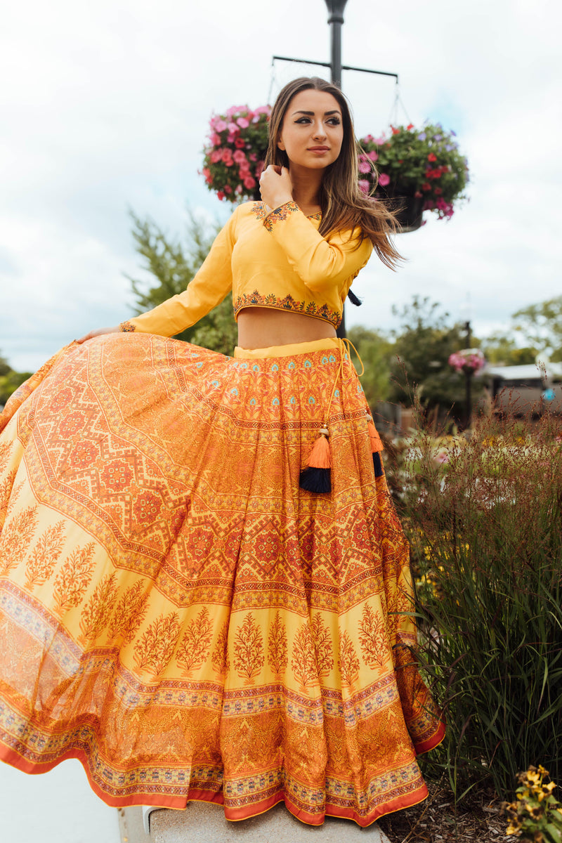 Yellow Chaniya choli with Hand Embroidered Blouse-[haldi_outfit]-Raas