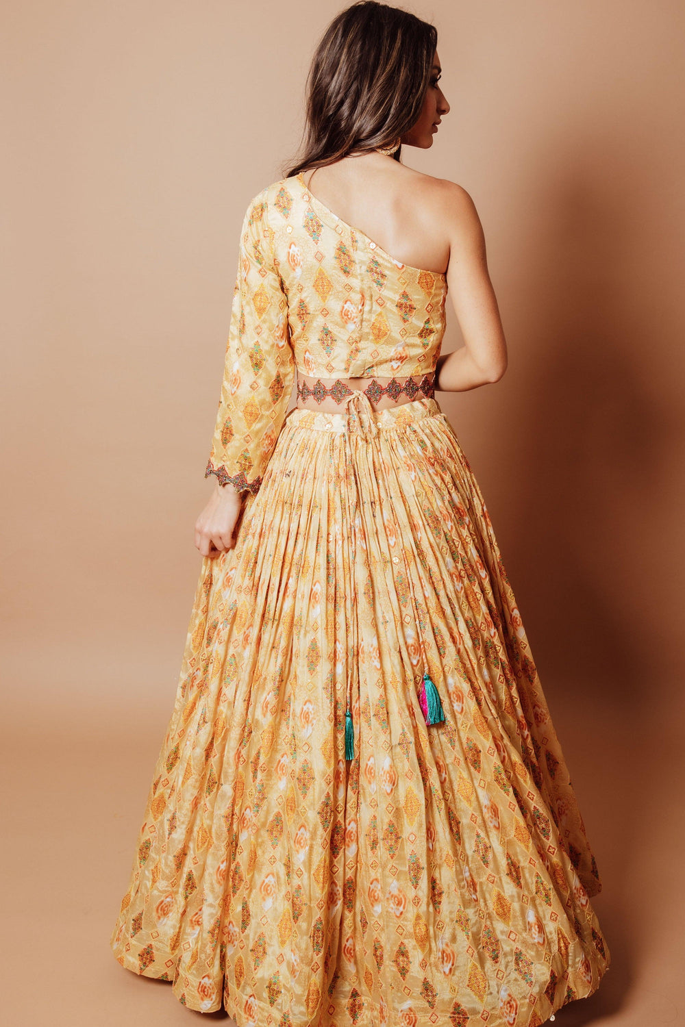Yellow Embroidered Lehenga with One Shoulder Blouse-[mehendi outfit]-Raas