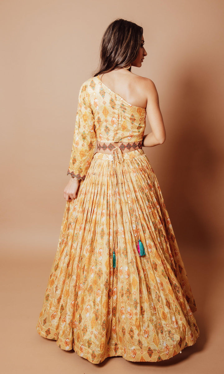 Yellow Embroidered Lehenga with One Shoulder Blouse-[mehendi outfit]-Raas