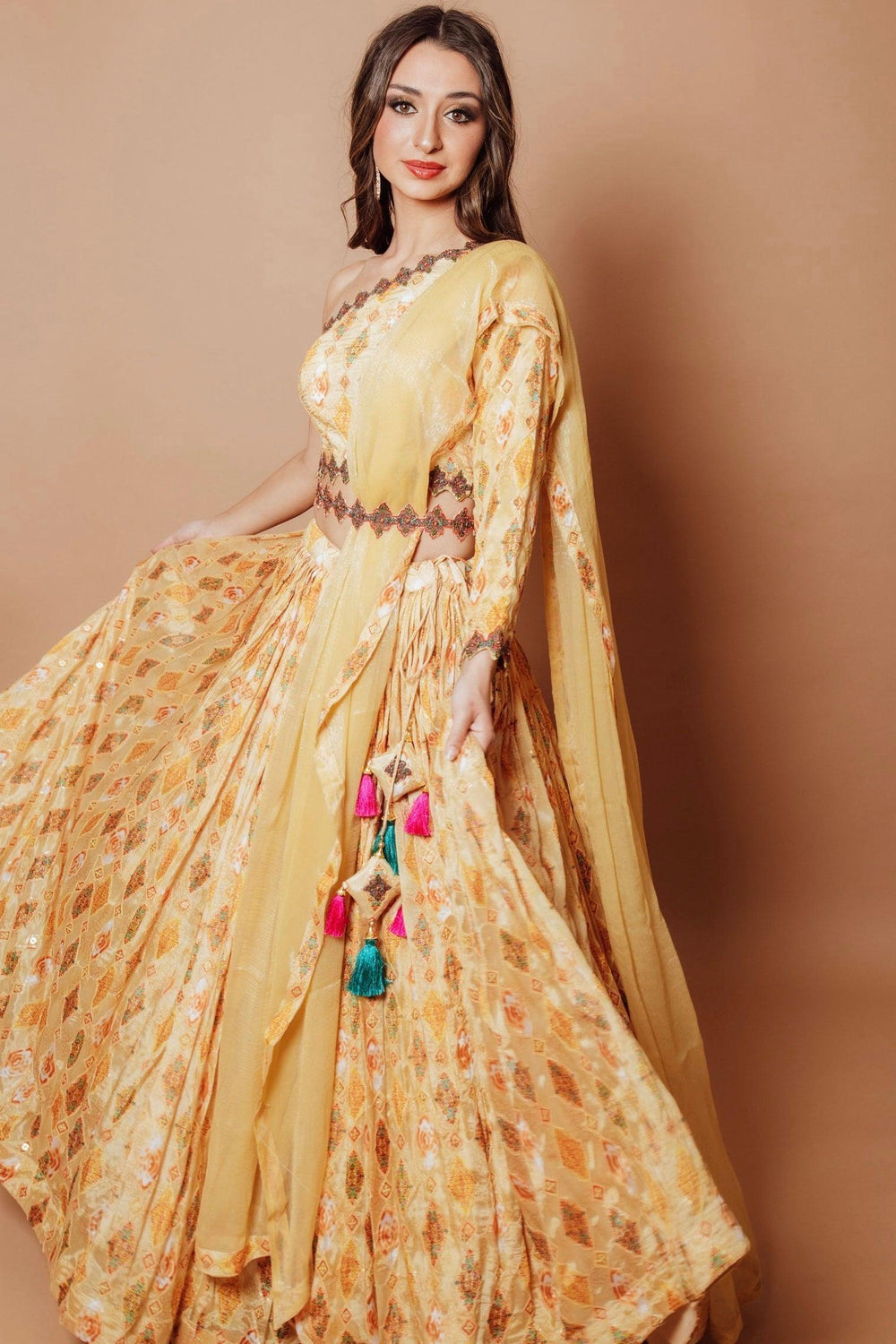 Yellow Embroidered Lehenga with One Shoulder Blouse-[mehendi outfit]-Raas