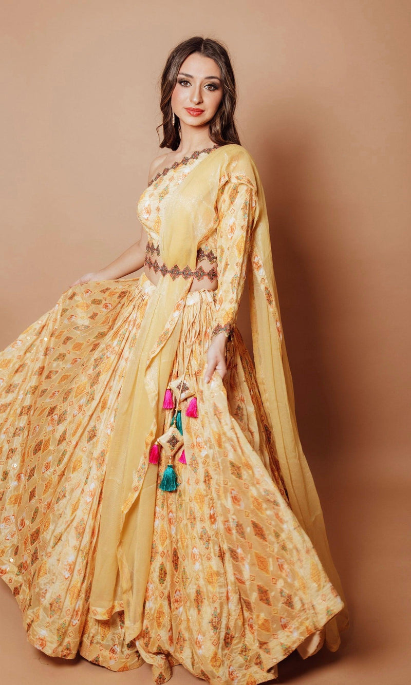 Yellow Embroidered Lehenga with One Shoulder Blouse-[mehendi outfit]-Raas