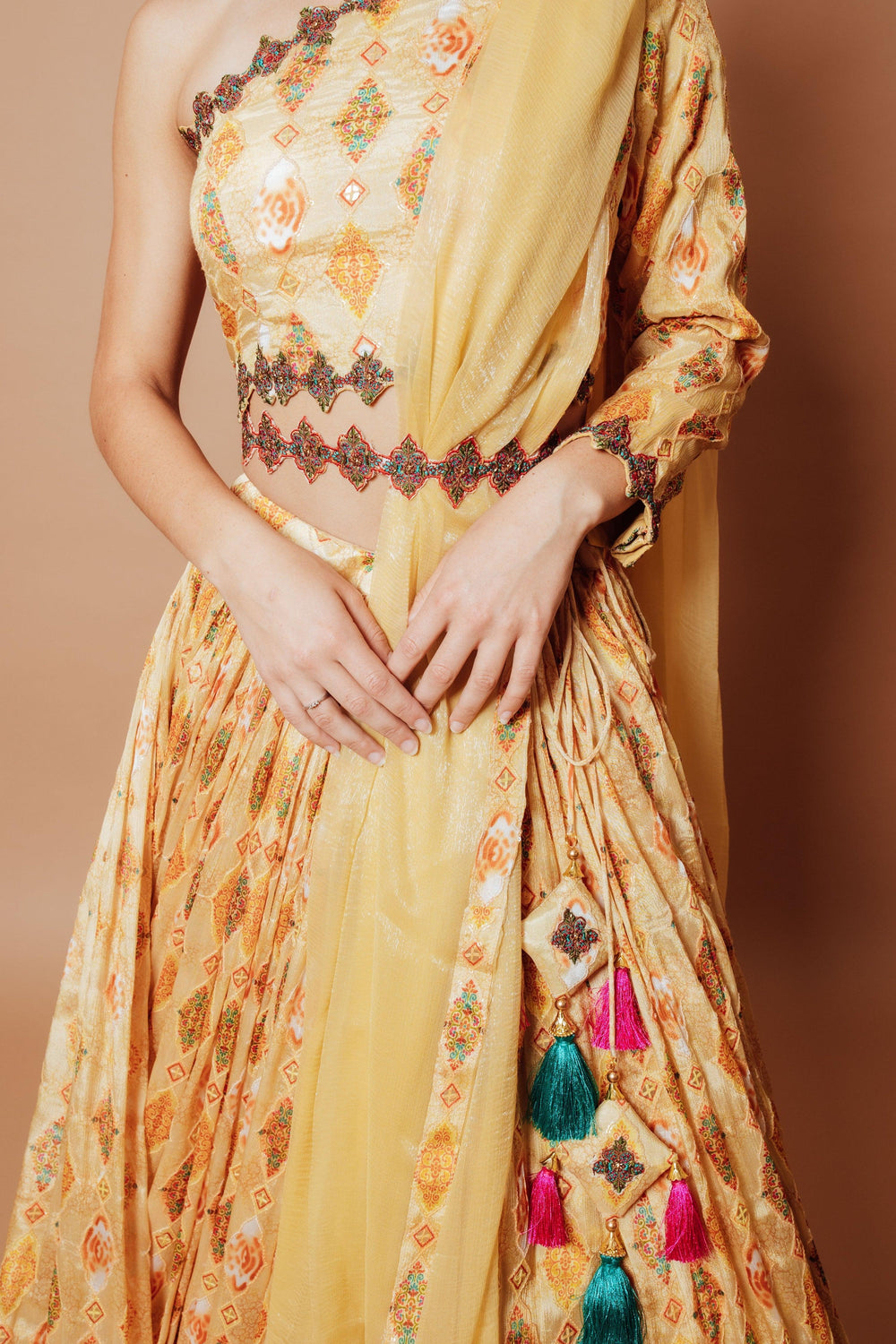 Yellow Embroidered Lehenga with One Shoulder Blouse-[mehendi outfit]-Raas