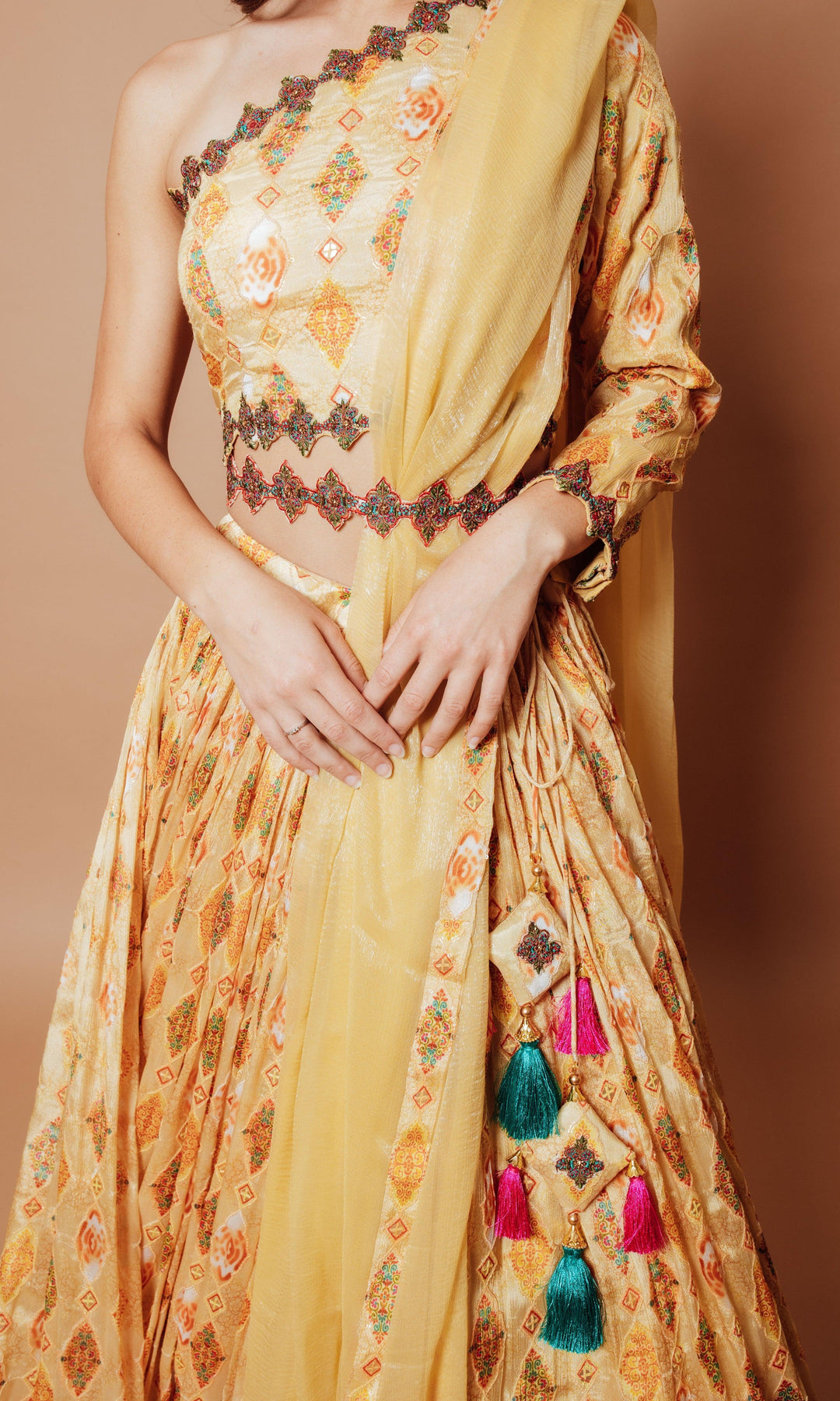 Yellow Embroidered Lehenga with One Shoulder Blouse-[mehendi outfit]-Raas