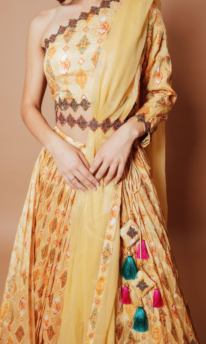 Yellow Embroidered Lehenga with One Shoulder Blouse-[mehendi outfit]-Raas