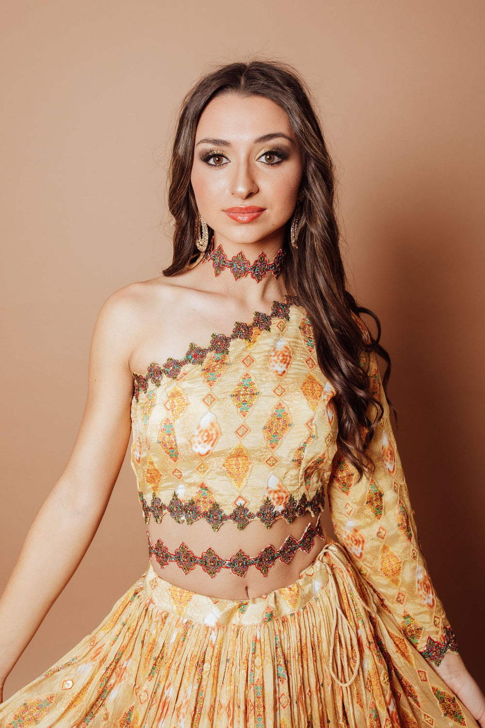 Yellow Embroidered Lehenga with One Shoulder Blouse-[mehendi outfit]-Raas