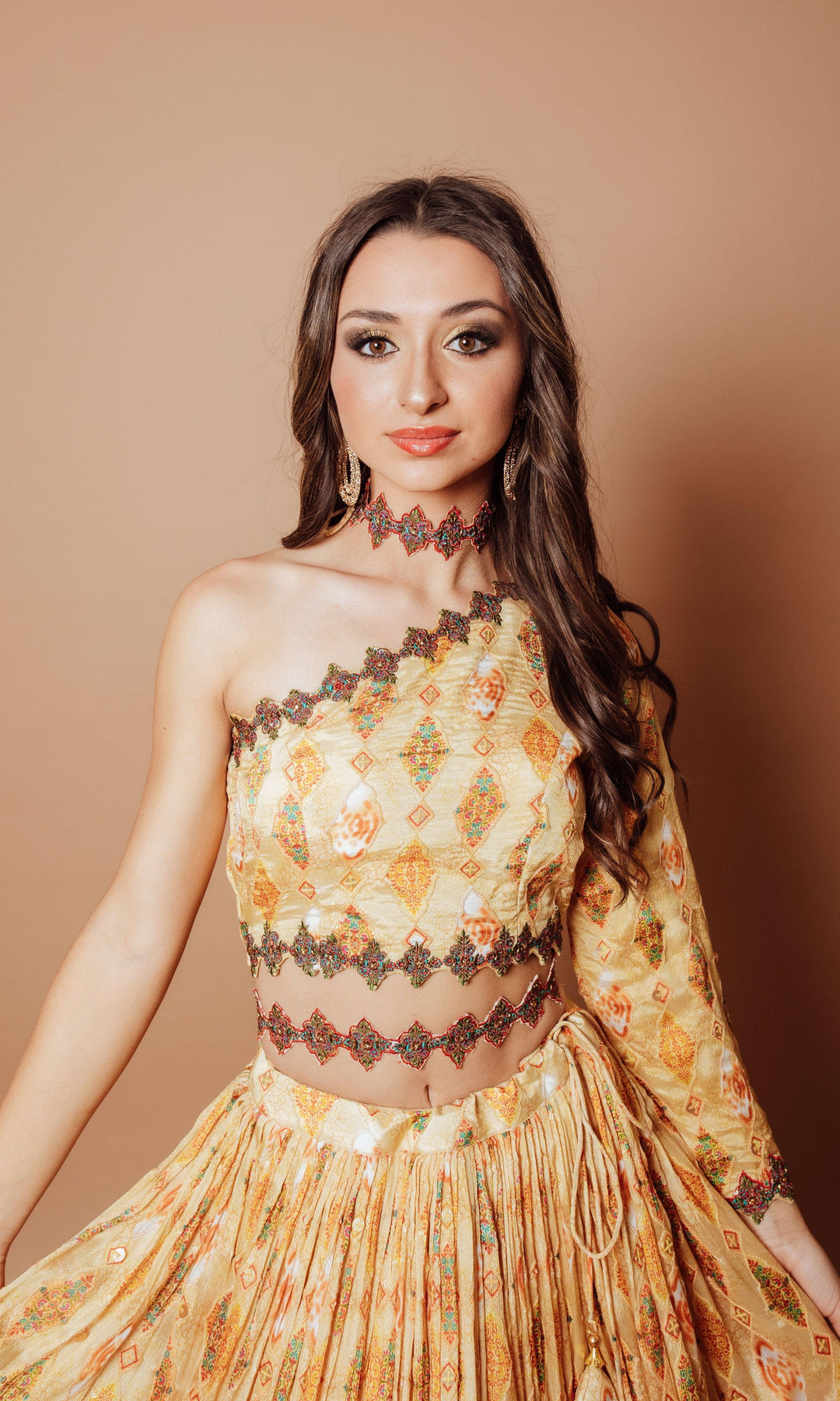 Yellow Embroidered Lehenga with One Shoulder Blouse-[mehendi outfit]-Raas