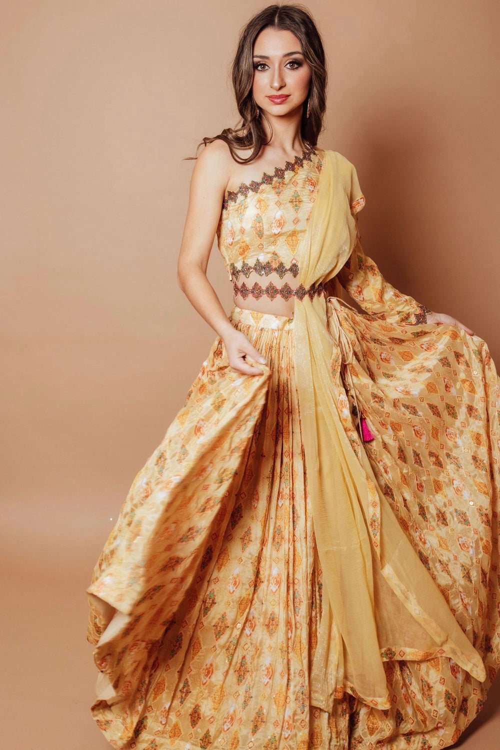 Yellow Embroidered Lehenga with One Shoulder Blouse-[mehendi outfit]-Raas