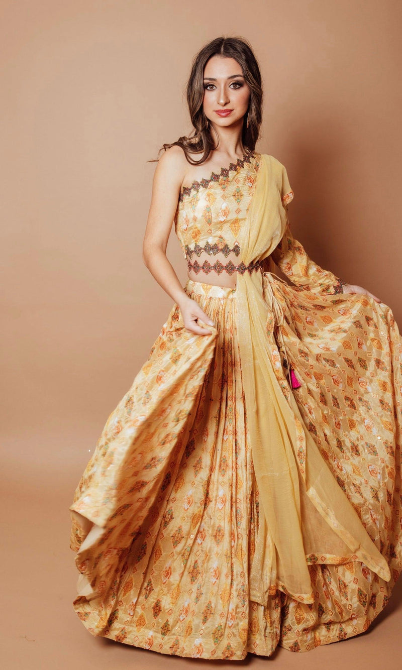 Yellow Embroidered Lehenga with One Shoulder Blouse-[mehendi outfit]-Raas