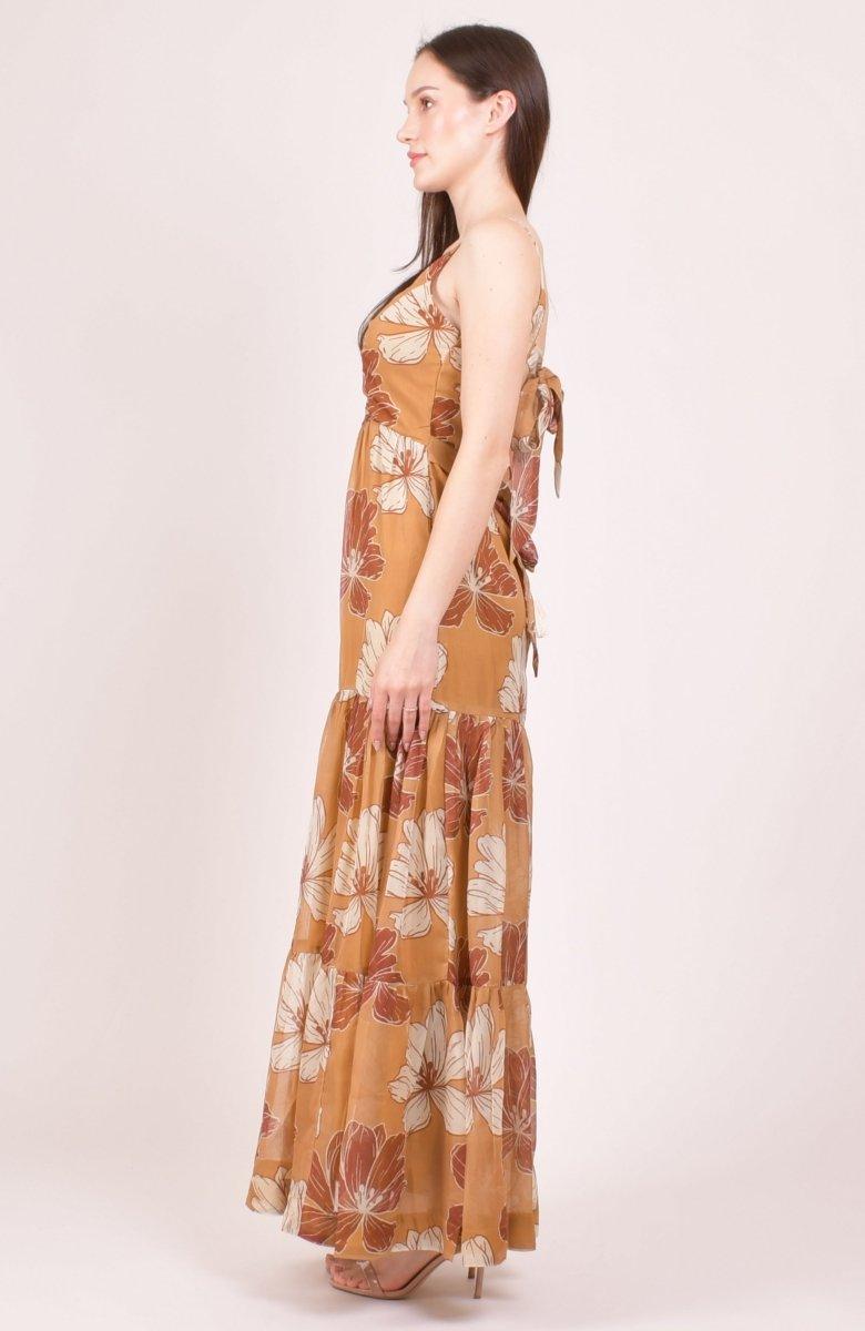 Yellow floral printed organza tiered maxi dress with spaghetti straps and side pockets.