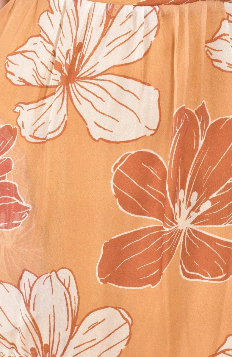 Close-up of a yellow organza tiered maxi dress with oversized rust and cream floral print.