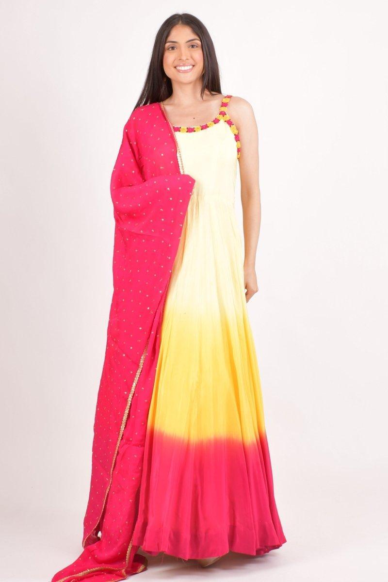 Yellow and pink hand tie-dye ombre silk maxi sundress with embroidered neckline and matching drape.