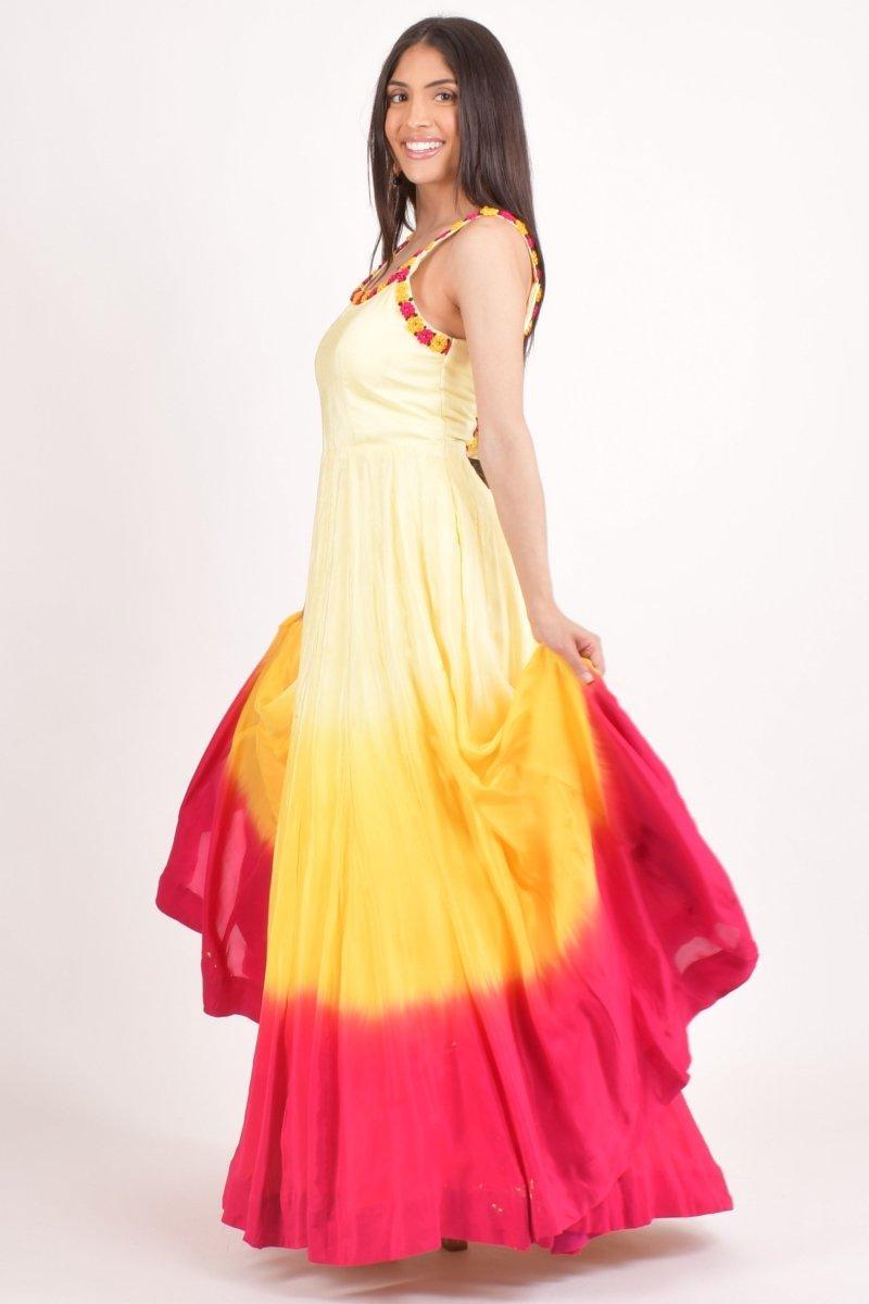 Yellow and pink hand tie-dye ombre silk maxi sundress with hand-embroidered resham and stone neckline.